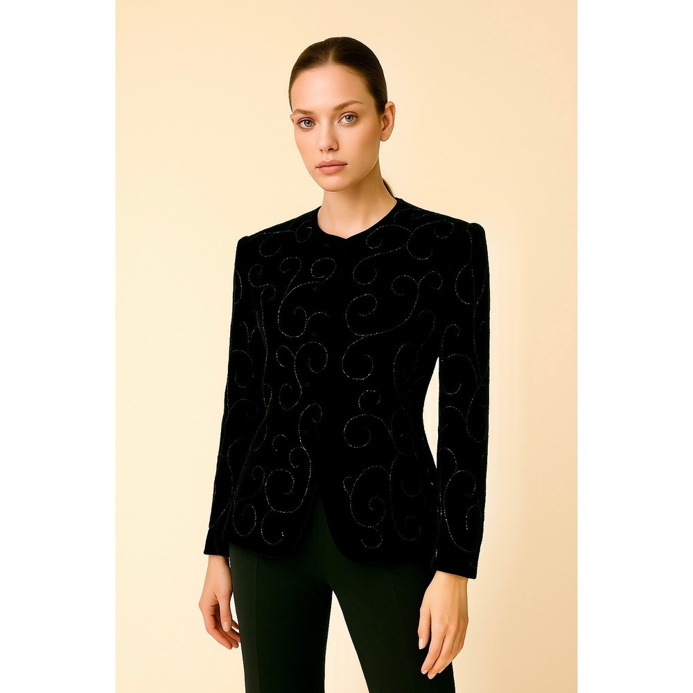 Jones New York Velvet‎ Blazer Swirl Beaded Black Silk Party Holiday Career 4P